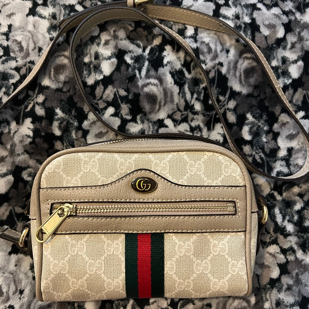 Designer Inspired Beige and Red Crossbody Bag
